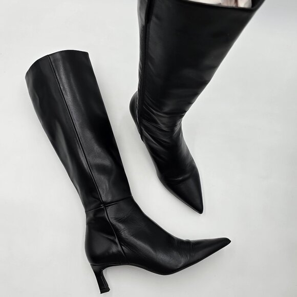 Zara Black Knee High Kitten Heel Boots - Picture 14 of 16